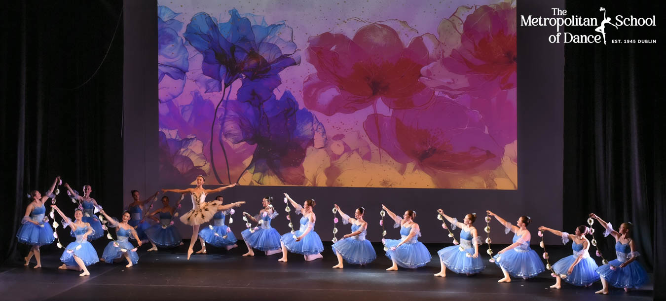Ballet performance with colorful screen background